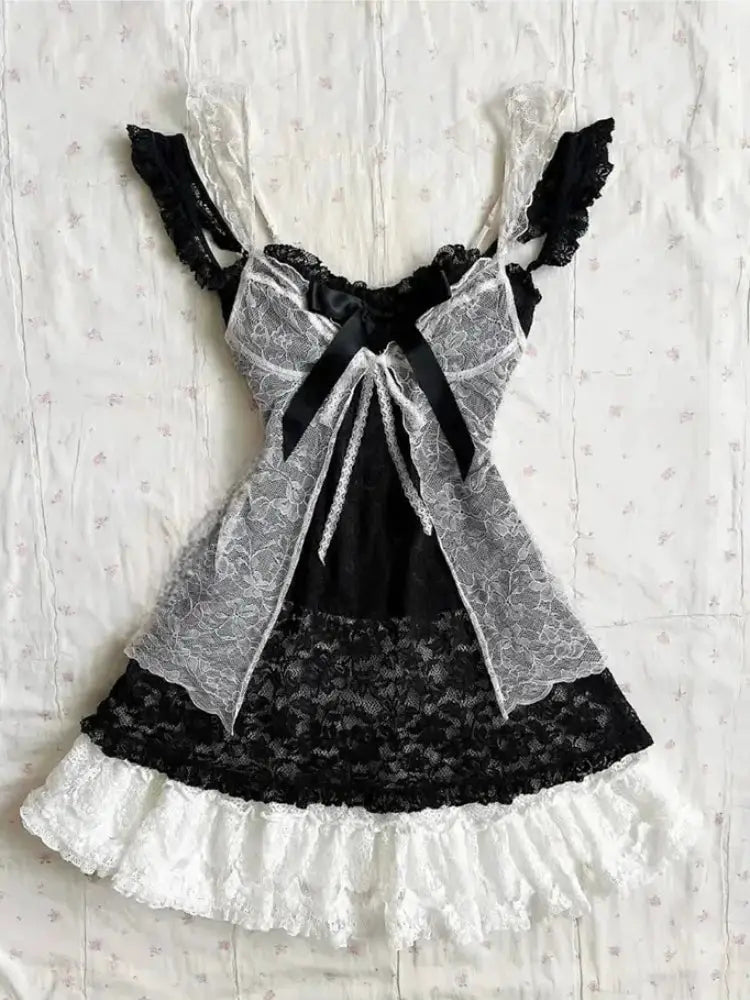 2000s Gothic Vintage Mini Dress Sleeveless Lace Y2K Lolita Party Black