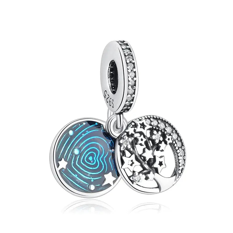 925 sterling silver charm set with two round pendants featuring galaxy swirl and starry moon design, Simples Market
