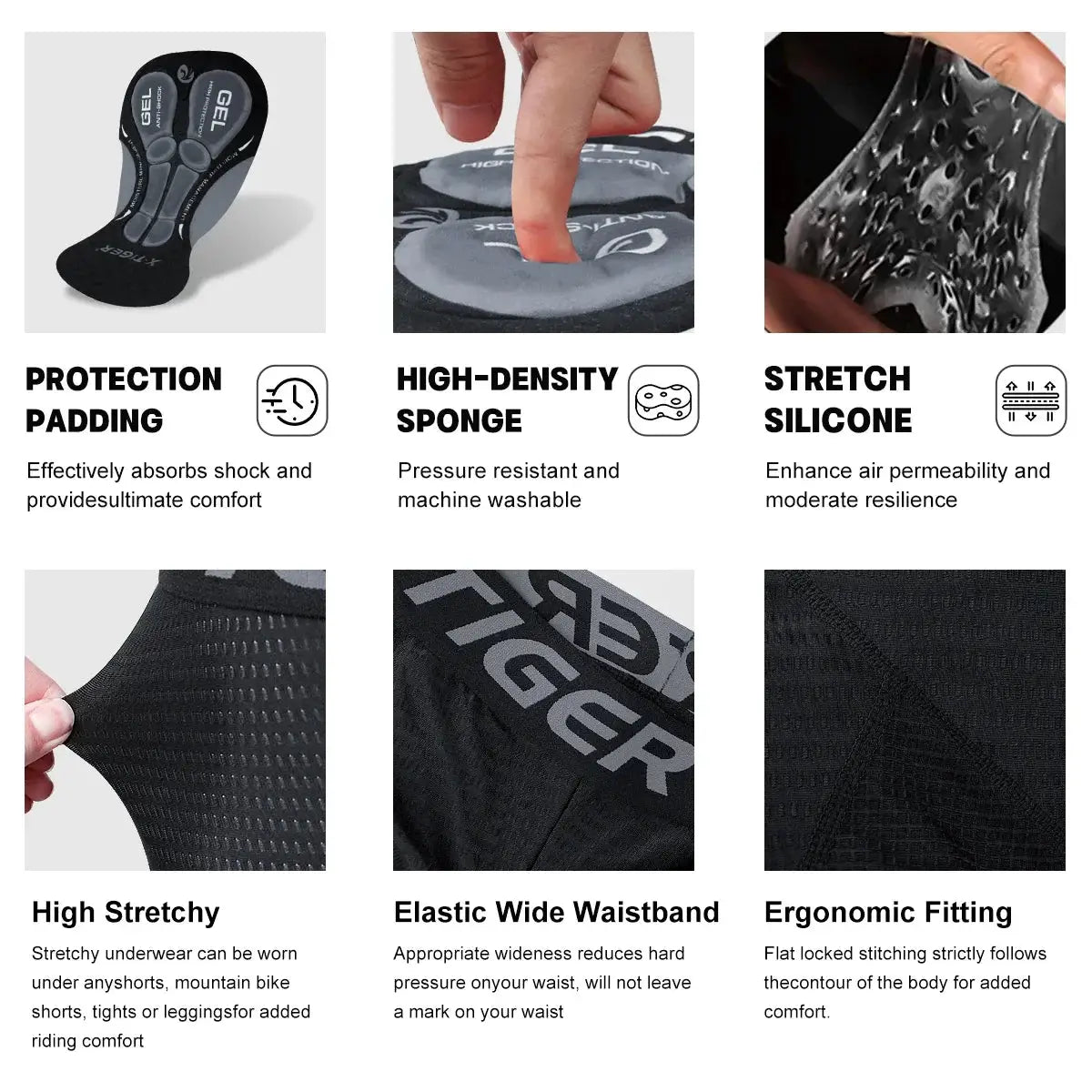 X-TIGER cycling underwear shorts by Simples Market with 5D padding, breathable, anti-slip leg grips, wide waistband
