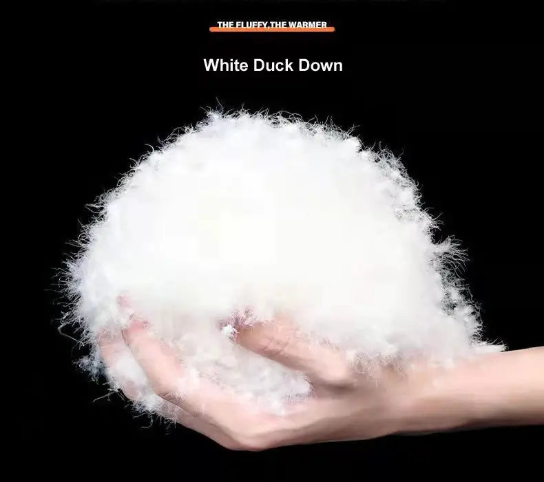 Men's white duck-down insulation sample held in hands