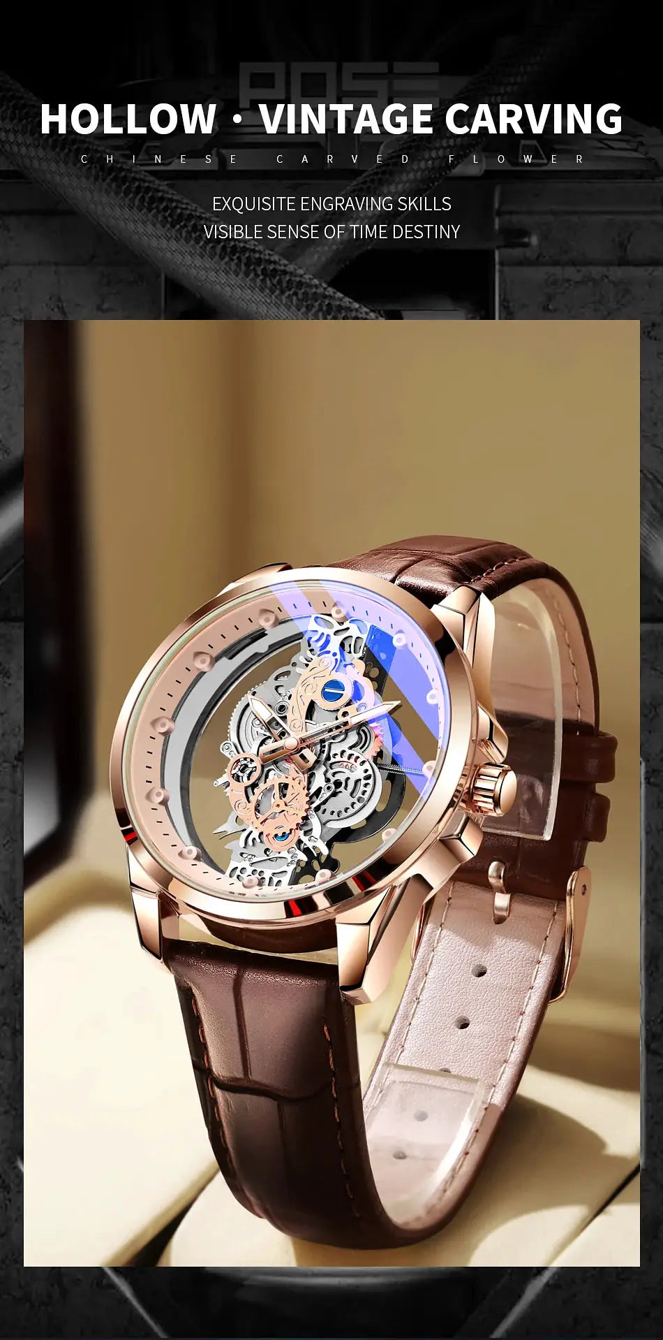 Men's skeleton automatic wristwatch with gold-tone case and brown leather strap by Simples Market, skeleton dial