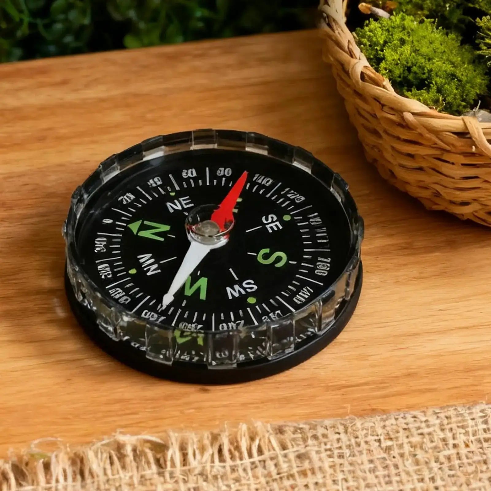 Hiking compass, black with red needle, on a wooden table beside a woven basket.