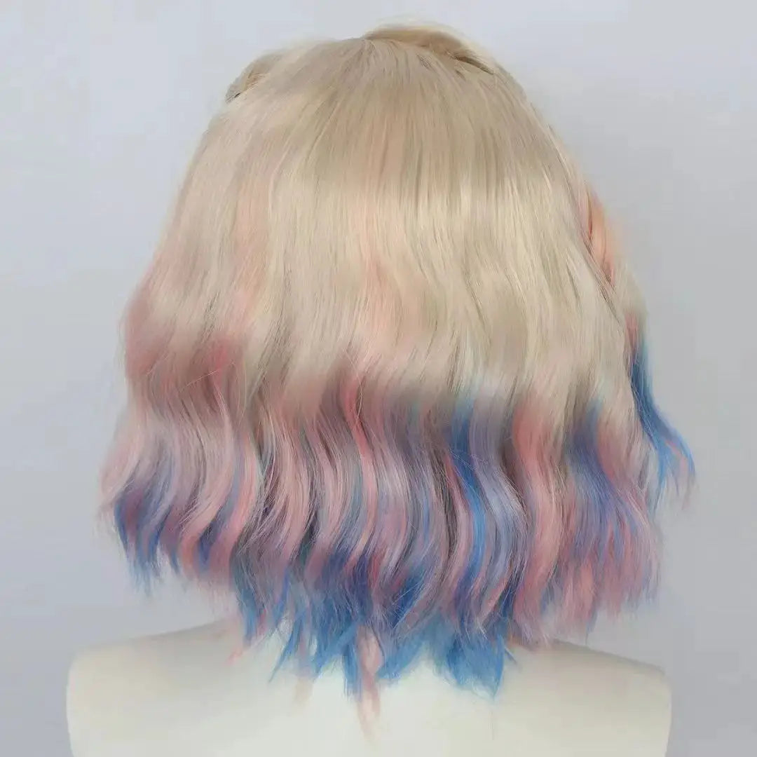 Enid Sinclair cosplay wig, pastel blonde with pink and blue ombré, wavy bob