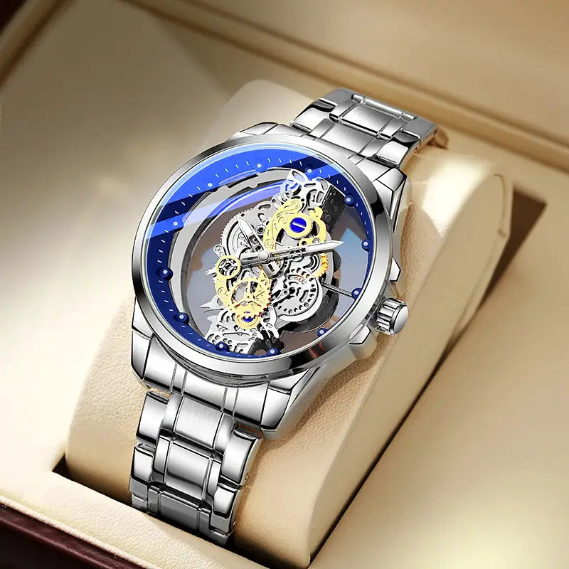Men's skeleton automatic wristwatch with silver stainless steel band, blue dial, and gold gears visible