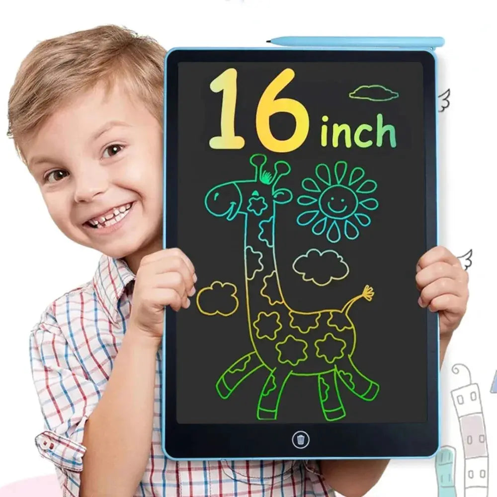Simples Market 16-inch LCD graphic tablet for kids, blue frame with stylus, screen shows colorful giraffe drawing.