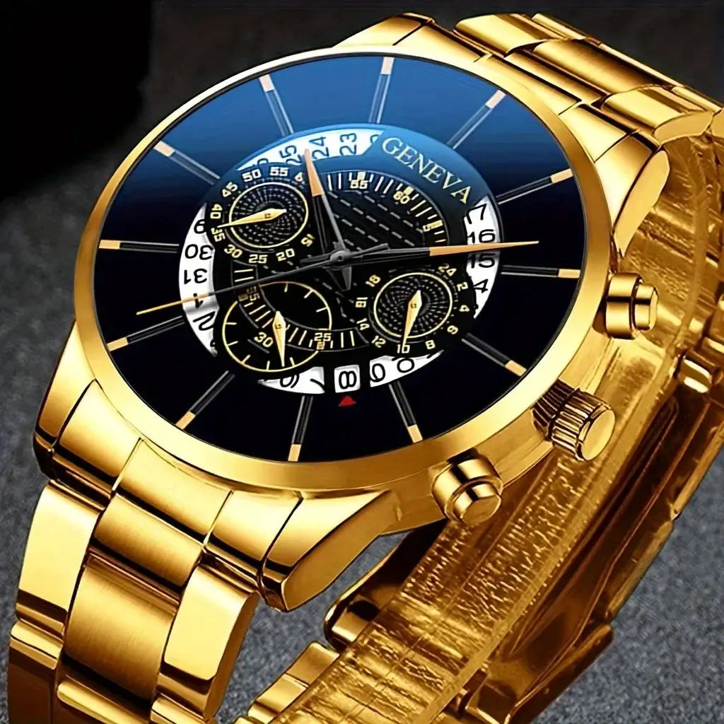 NovaTime Mens Quartz Watch Set 3Pc Stainless Steel Strap Circular Dial Date Function Electronic Drive