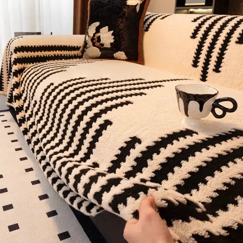 Thick warm jacquard fleece sofa throw by Simples Market in black and white striped for living room decor
