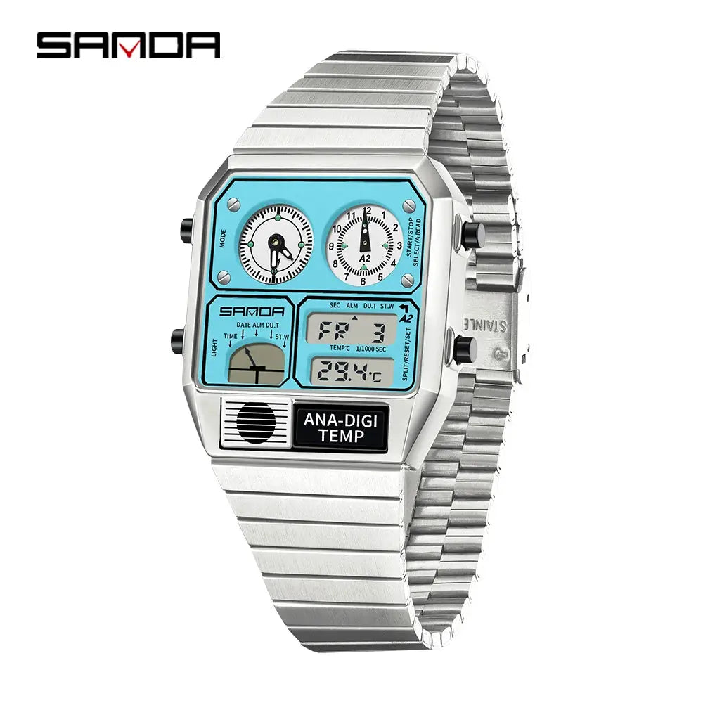 Sanda 3192 Mens Square Digital Analog Watch Waterproof Led Thermometer Stopwatch Sporty Durable Timepiece