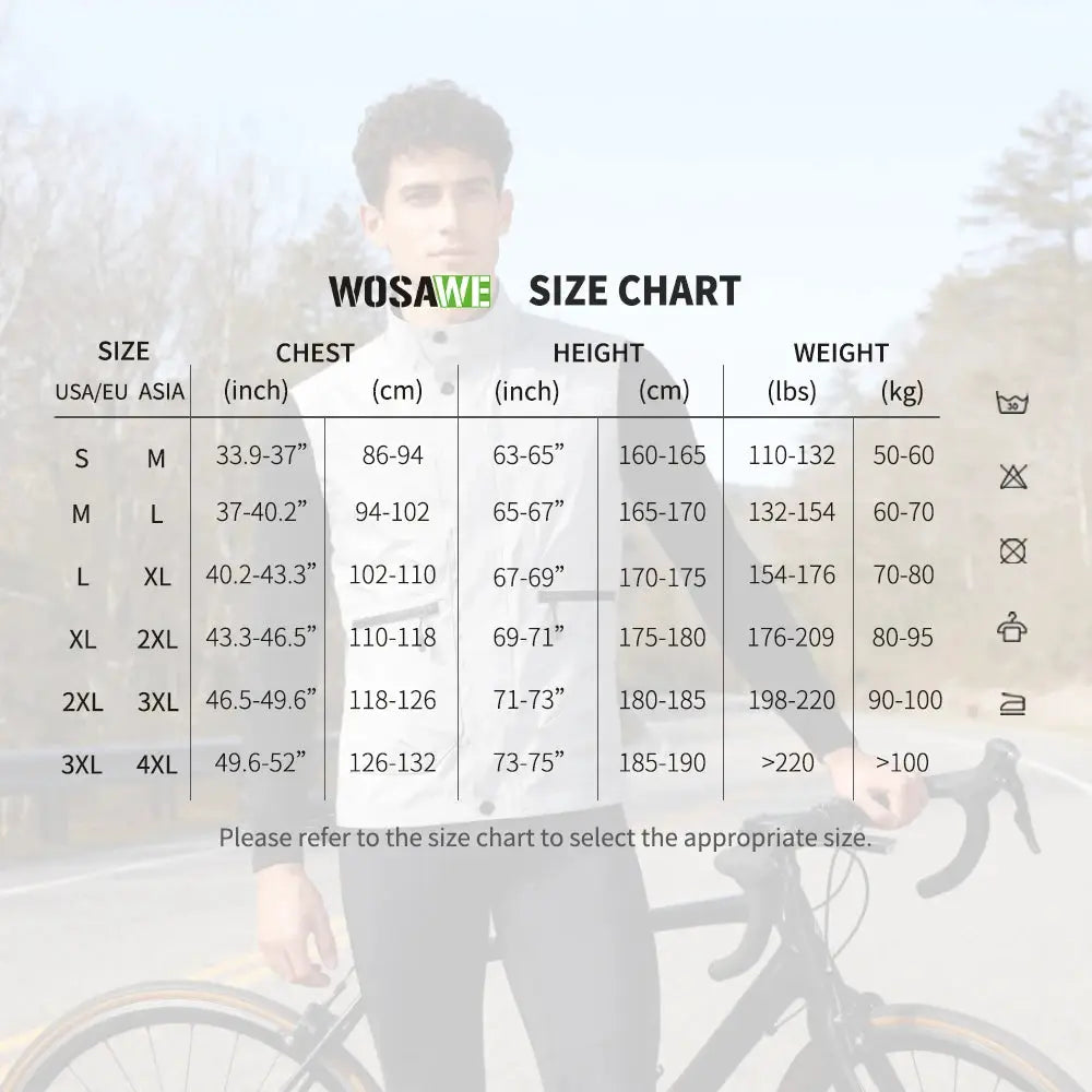 WOSAWE men's fully reflective outdoor jacket with hooded windbreaker size chart overlay (Simples Market)