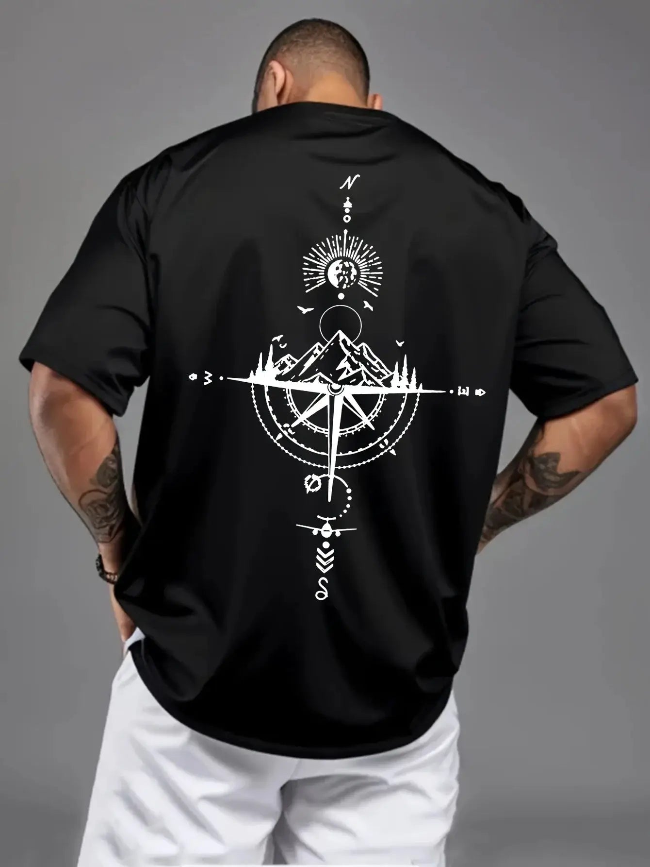 Mens 100 Percent Cotton Summer Casual T Shirt Loose Oversized Retro Compass Print Round Neck Short Sleeve