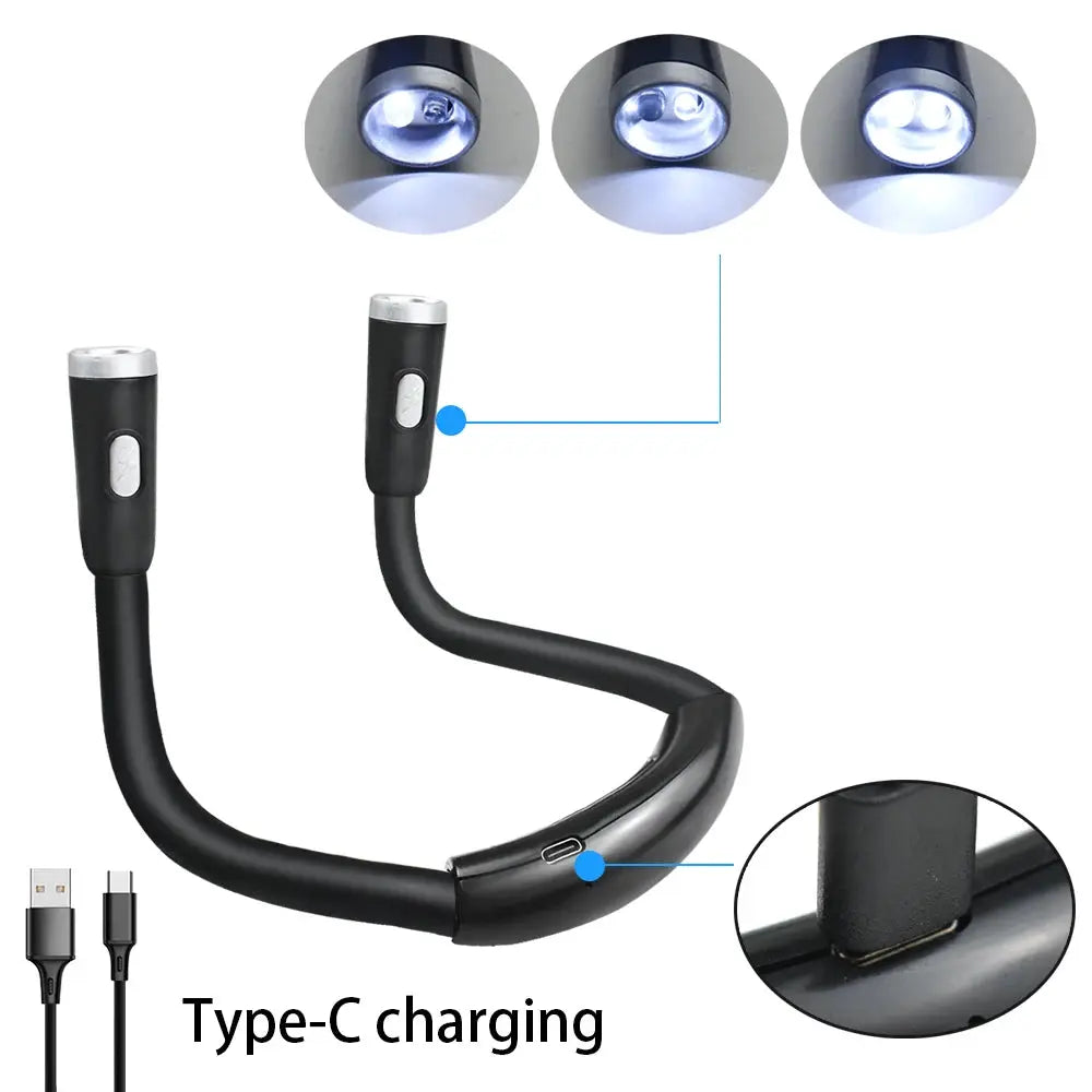 LED neck reading light, black, USB Type-C rechargeable, dual-arm with LED heads
