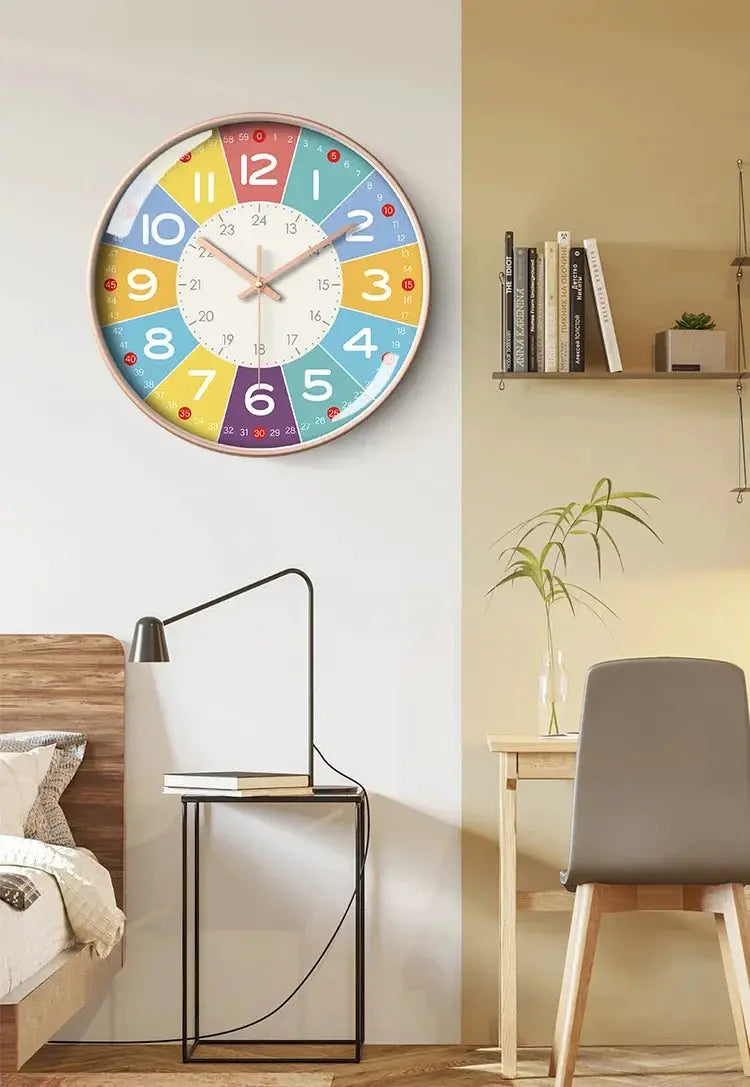 8-inch silent teaching wall clock for kids with rainbow-colored numbered segments and light wood frame