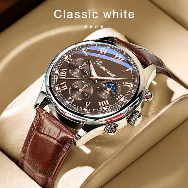 Mens PU Leather Strap Quartz Wristwatch With Stopwatch Durable Outdoor Casual Timepiece For Everyday Use