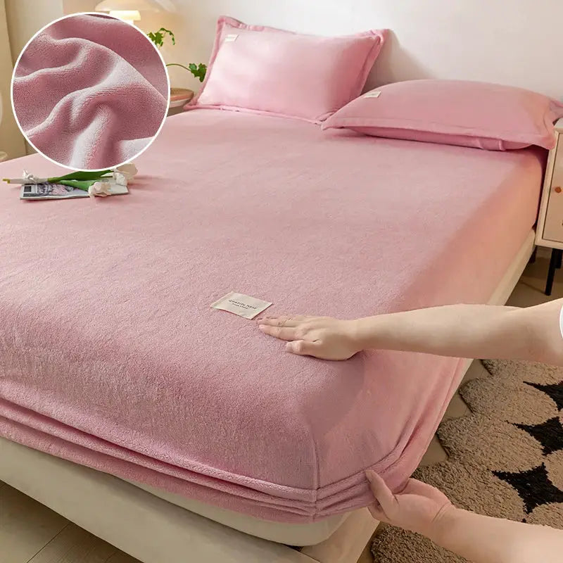 Velvet thermal mattress cover in pink plush fabric for winter, 120x200 cm, Simples Market