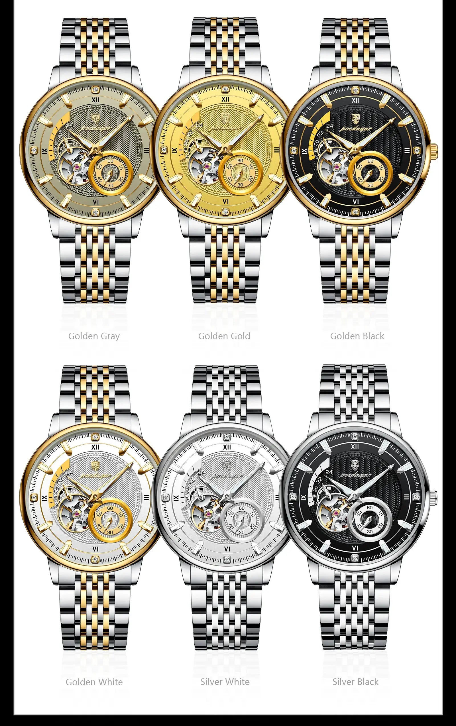 POEDAGAR luxury men's wristwatch with stainless steel skeleton tourbillon; six color variants shown.