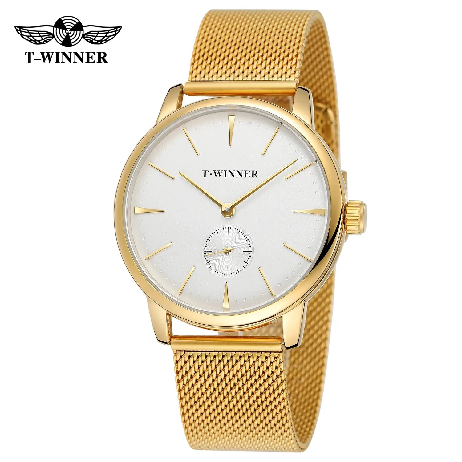 Wristwatch T-WINNER gold-tone mesh strap with white dial and small seconds subdial