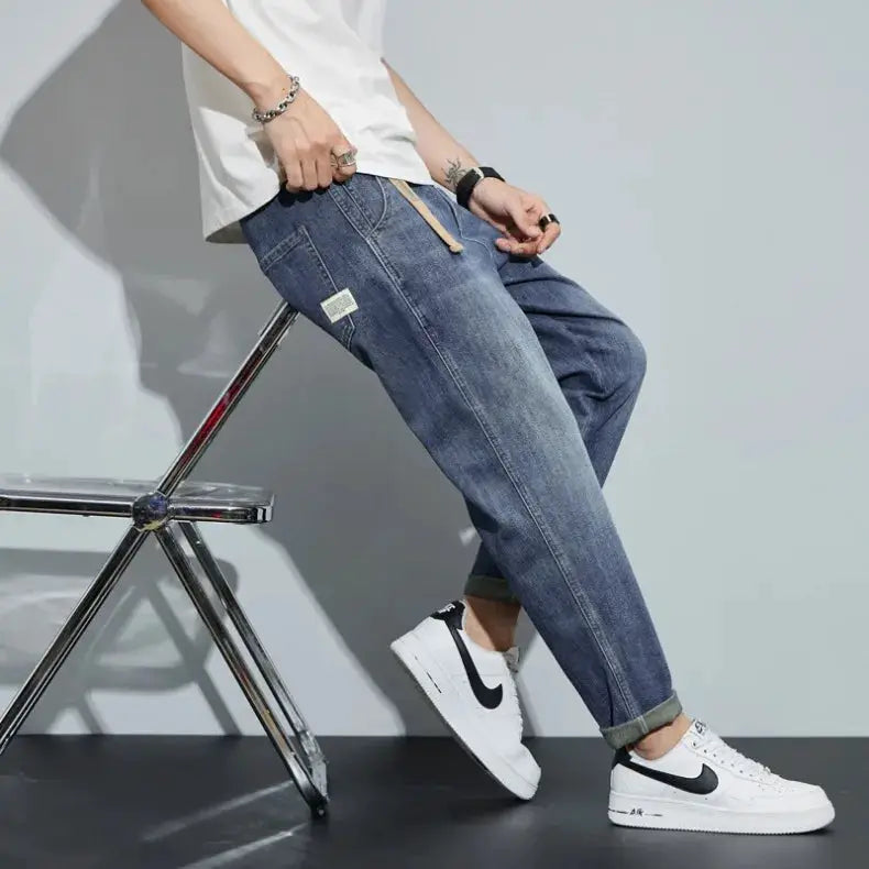 Winter dark blue fleece jeans for men by Simples Market, loose straight denim style