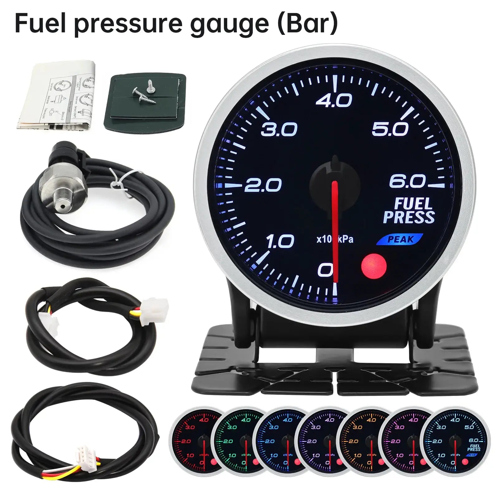 Simples Market universal 12V 52mm 8-color gauge set for oil pressure and temps; includes wiring harness and mounting hardware.