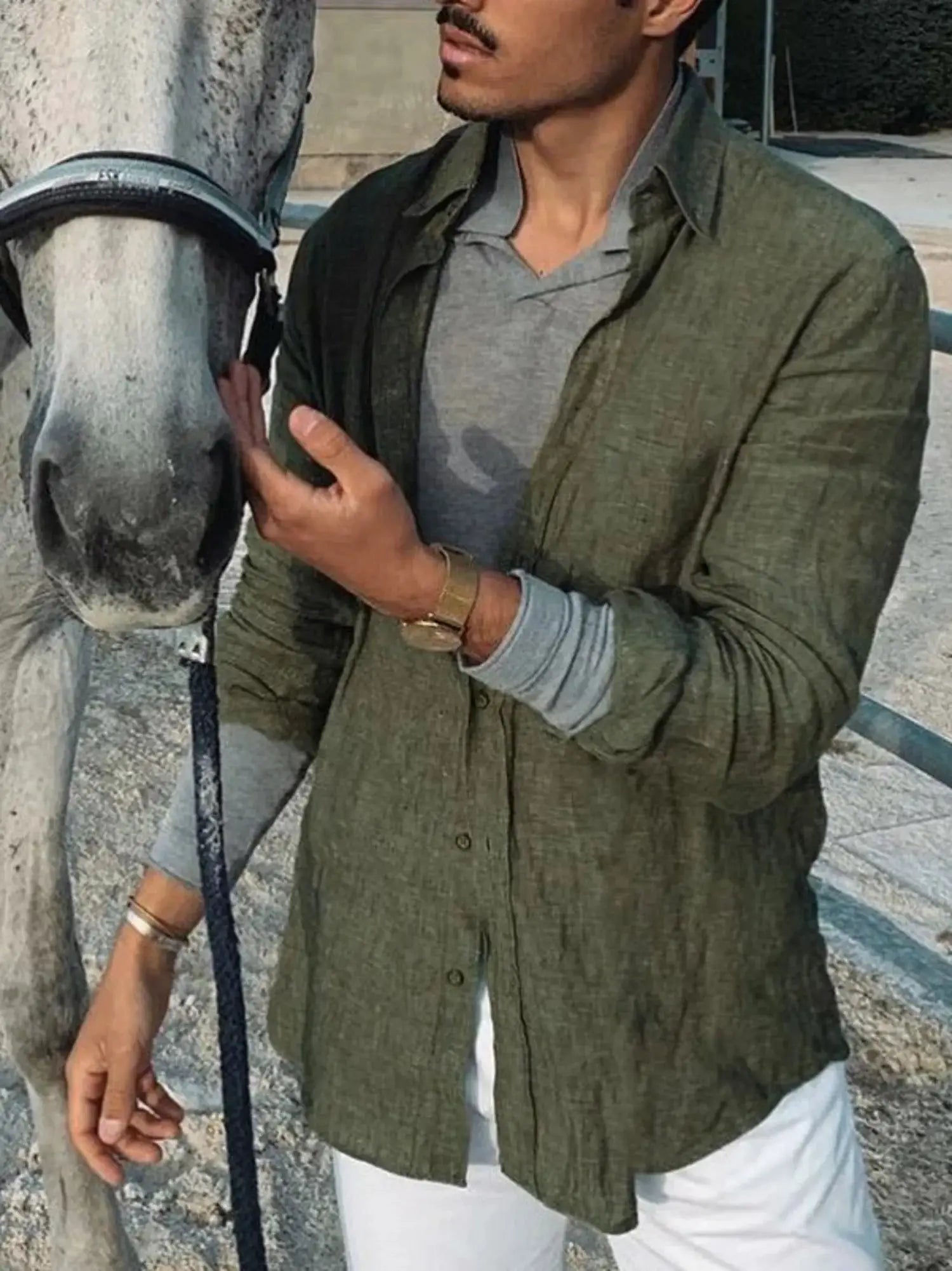 Men's olive-green lightweight long-sleeve shirt with a lapel cardigan, outdoor casual wear