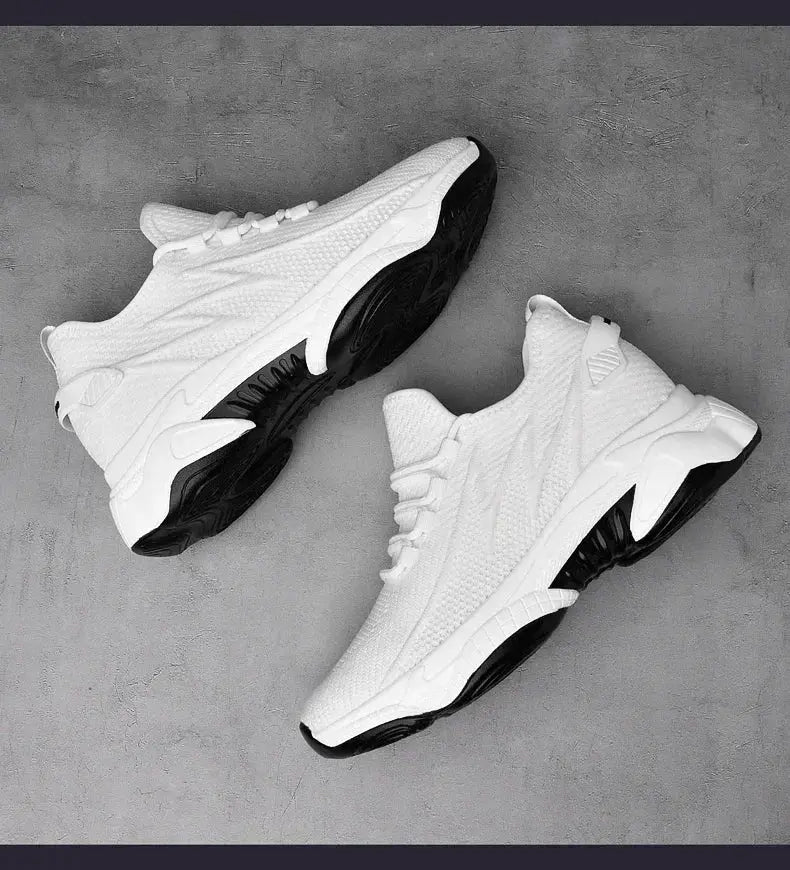 Pair of men's white height-increasing sneakers with breathable mesh upper and black chunky soles