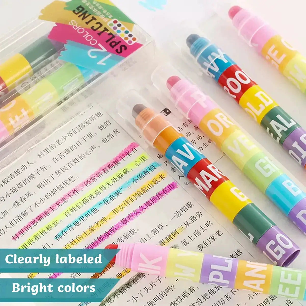 12-color highlighter marker set in pastel color blocks with caps by Simples Market, ideal for school and office use.