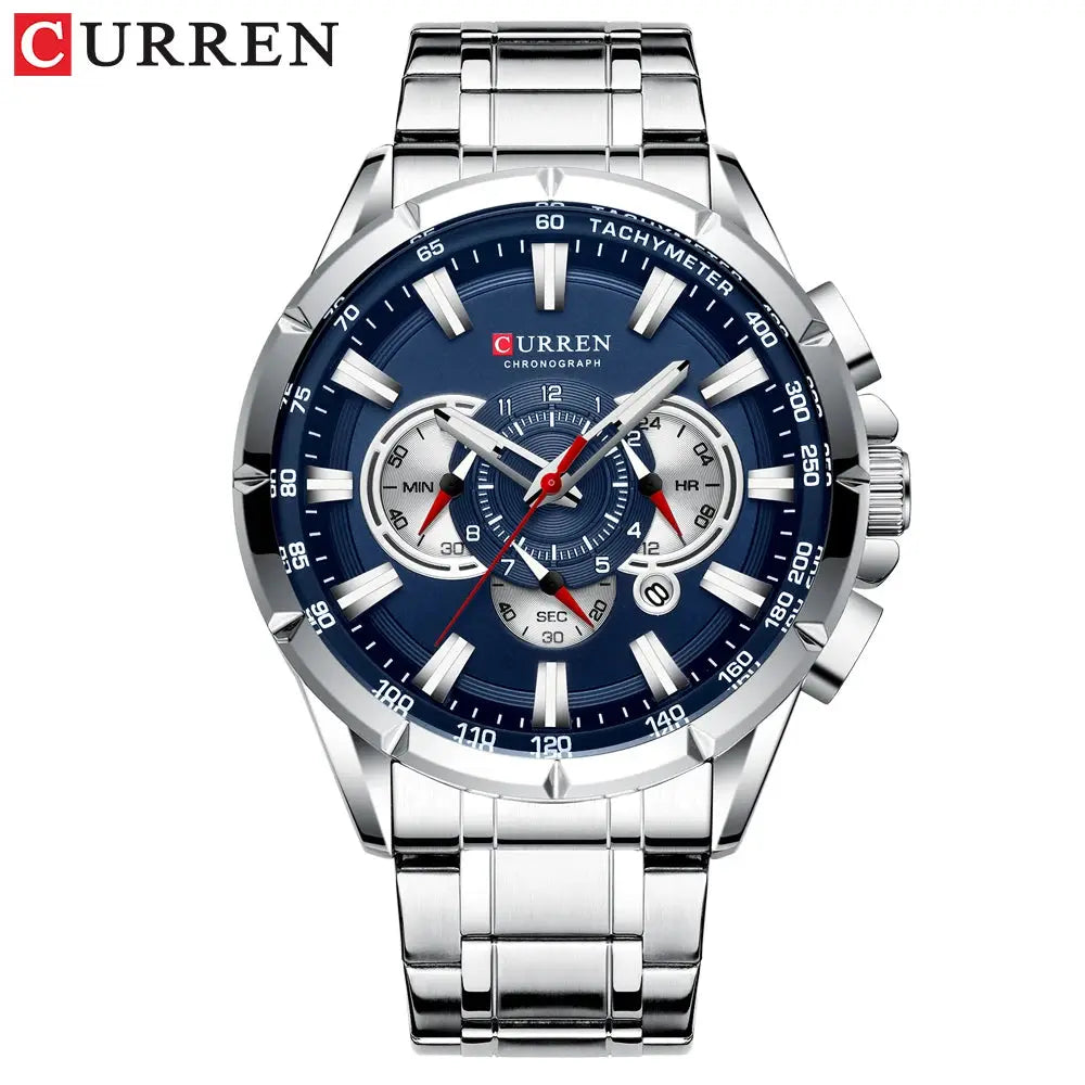 Curren 8363 chronograph men's watch with blue dial, stainless steel band, tachymeter bezel, and luminous hands