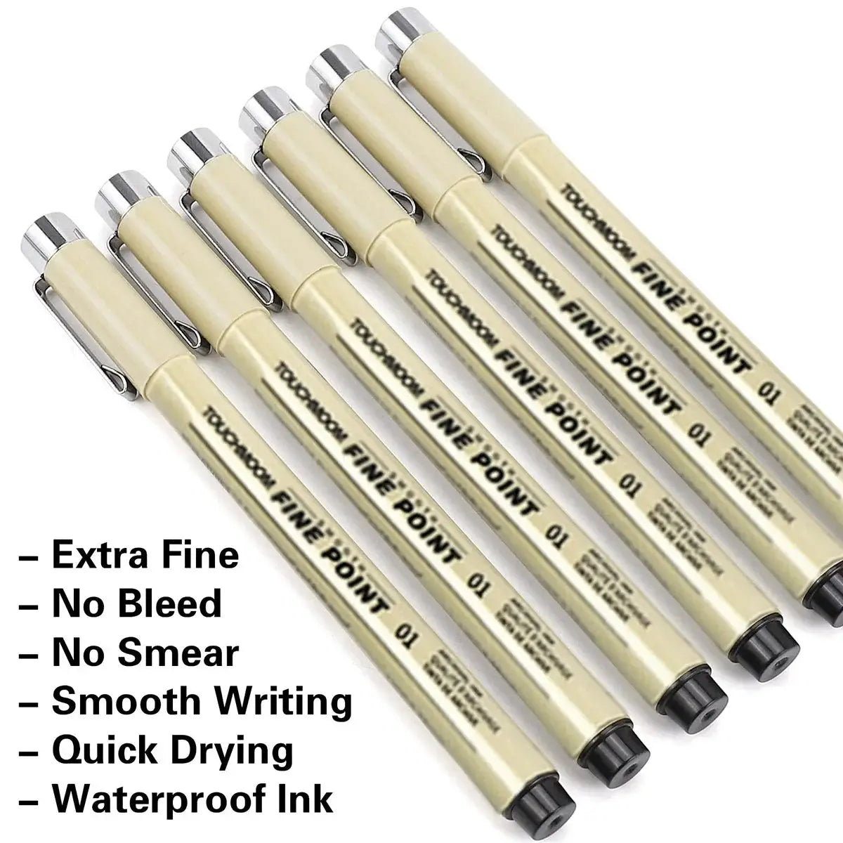 Beige hand-painted fineliner pen set, 6–12 pieces with metal clips, 0.1 tip