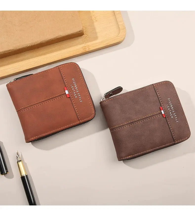 Men's leather wallets with zipper, short horizontal design, brown and tan, set of two