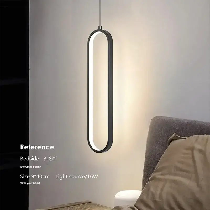 Modern minimalist LED pendant light with black oval frame and warm white glow