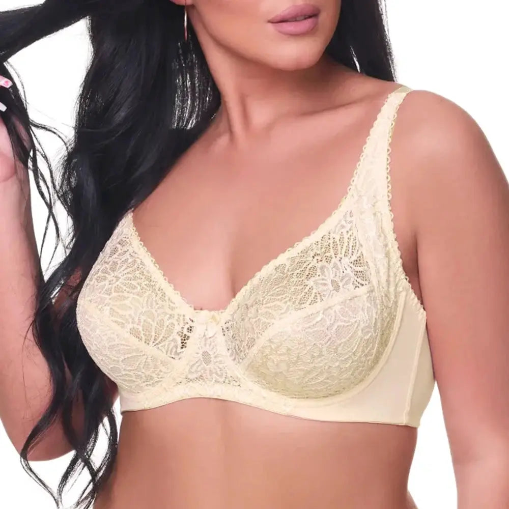 Plus-size lace underwire bra in cream beige with floral lace pattern