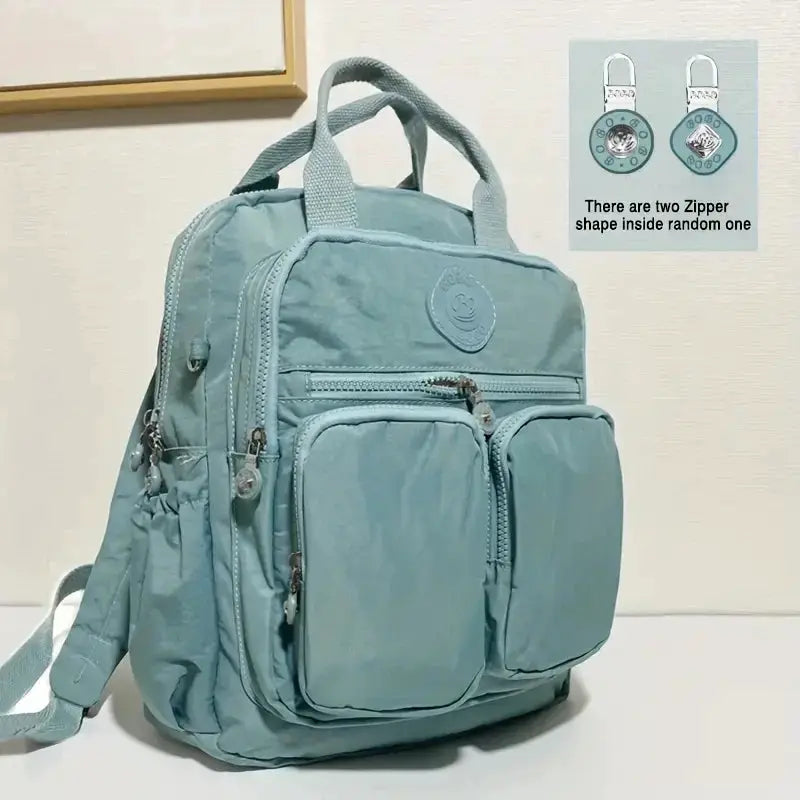 Simples Market teal nylon waterproof backpack for women with multiple pockets and front zip pockets