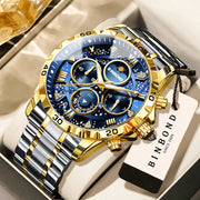BINBOND men's luxury quartz chronograph watch with blue dial, gold bezel, two-tone stainless steel bracelet