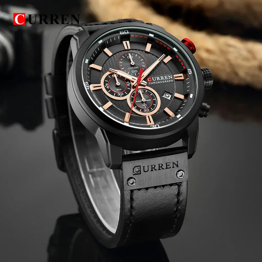 CURREN 8291 men's quartz chronograph watch with black leather strap and rose-gold accents.