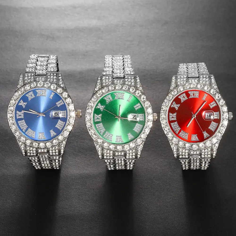 UrbanPulse Mens Hip Hop Silver Watch Set With Diamond Inlay Cuban Chain And Bracelet Adjustable Gift