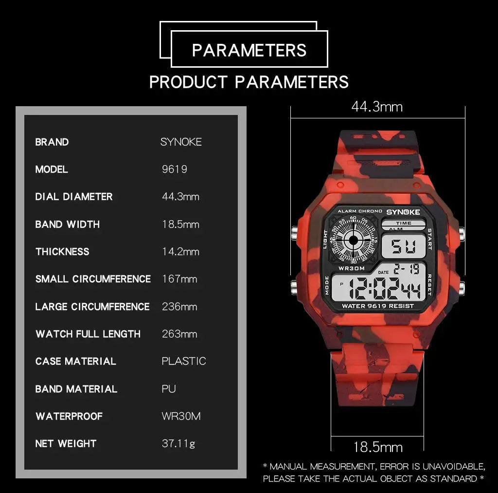SYNOKE outdoor military digital watch for men, red camouflage plastic case, PU band, WR30M water resistant.