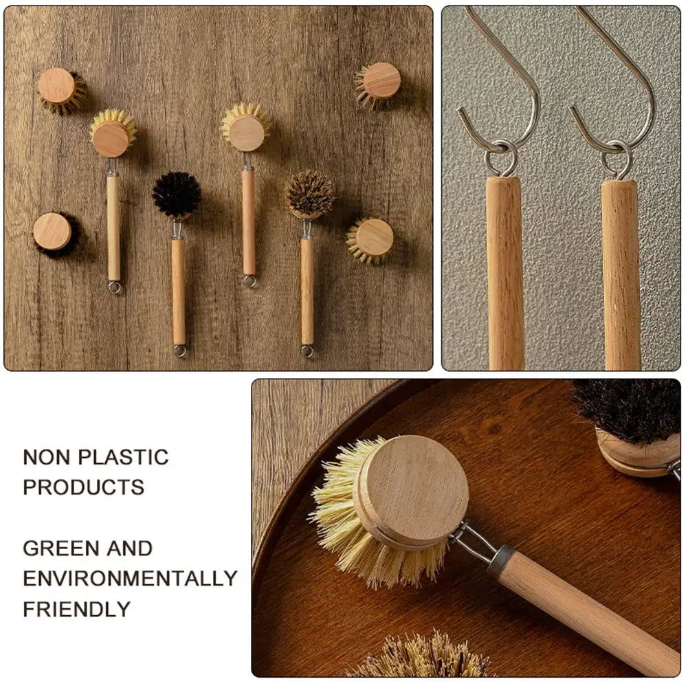 Simples Market replaceable dish brush set with wooden handles and natural bristles; includes 5 heads and hanging hooks