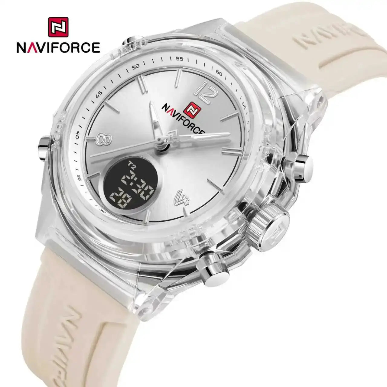 NAVIFORCE women's sport watch with clear case, beige rubber strap, dual time display