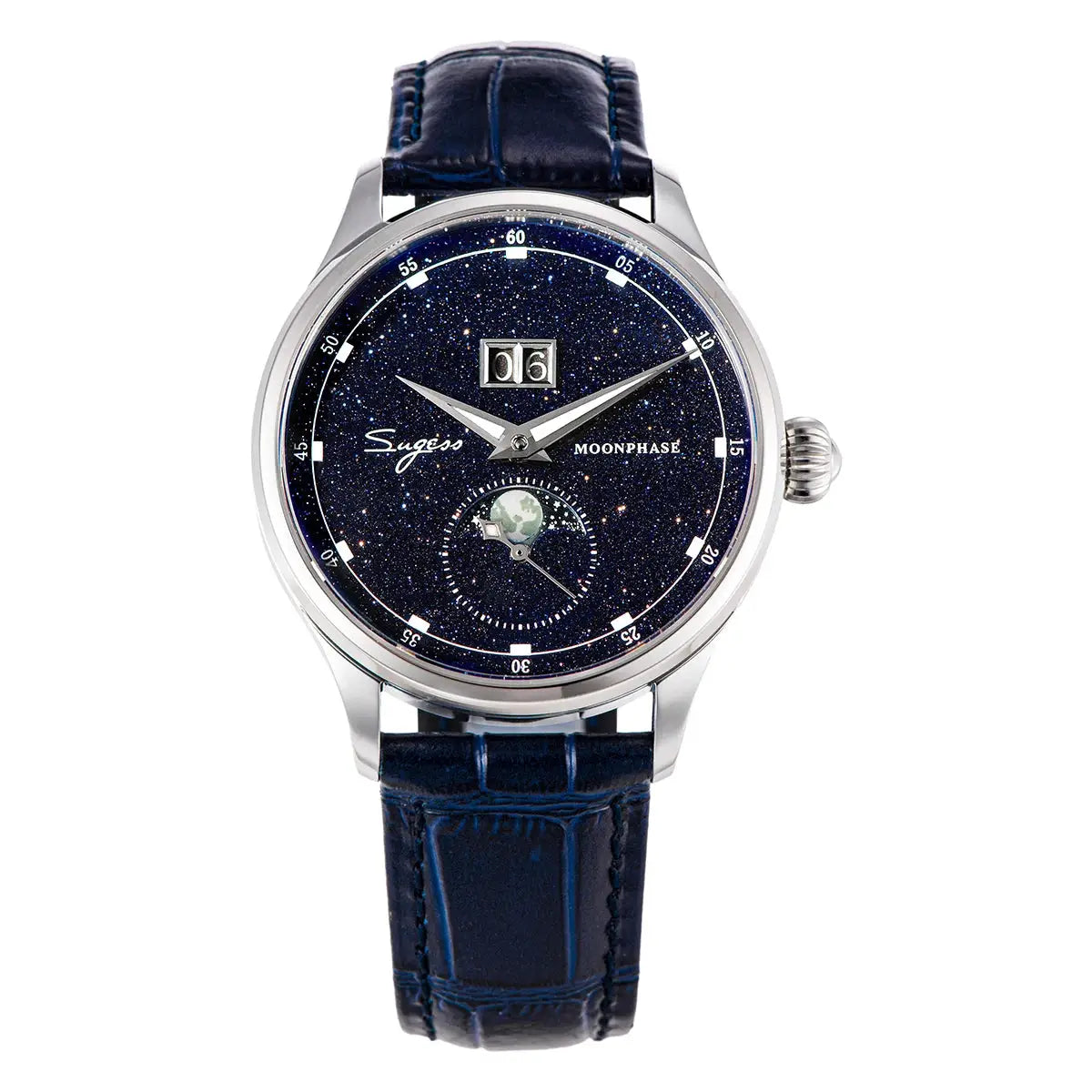 Sugess Moonphase men's 40mm watch with stainless steel case, blue sandstone dial and blue leather strap