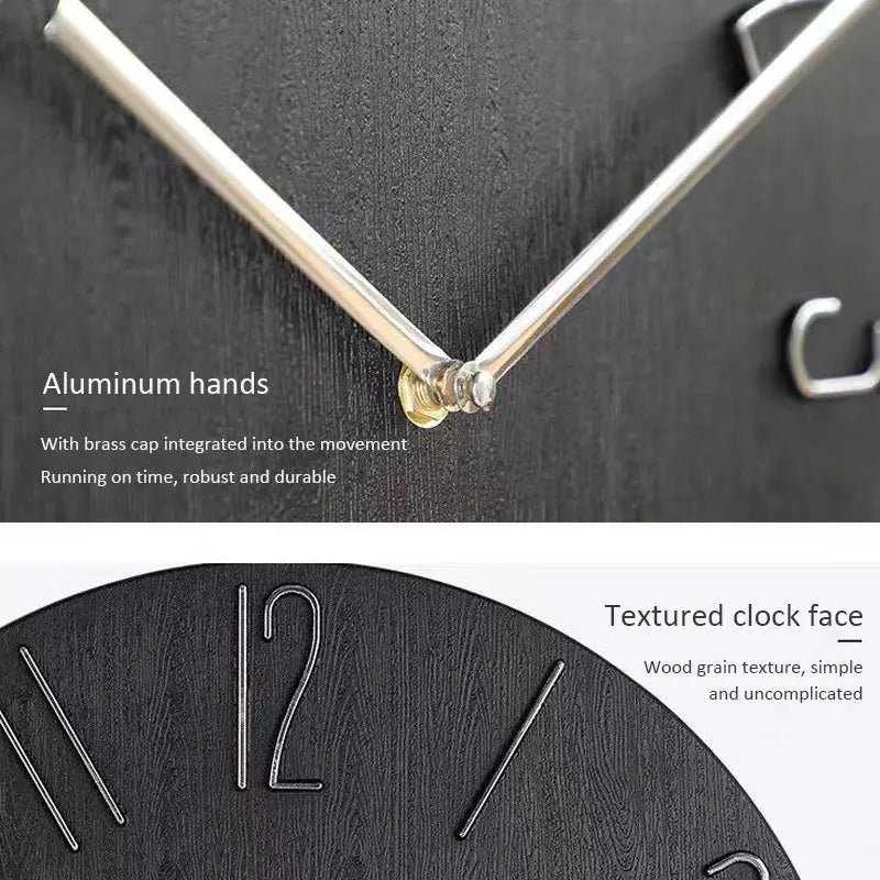 Simples Market 30cm wall clock with textured dark wood-grain face and aluminum hands; silent quartz, no second hand.