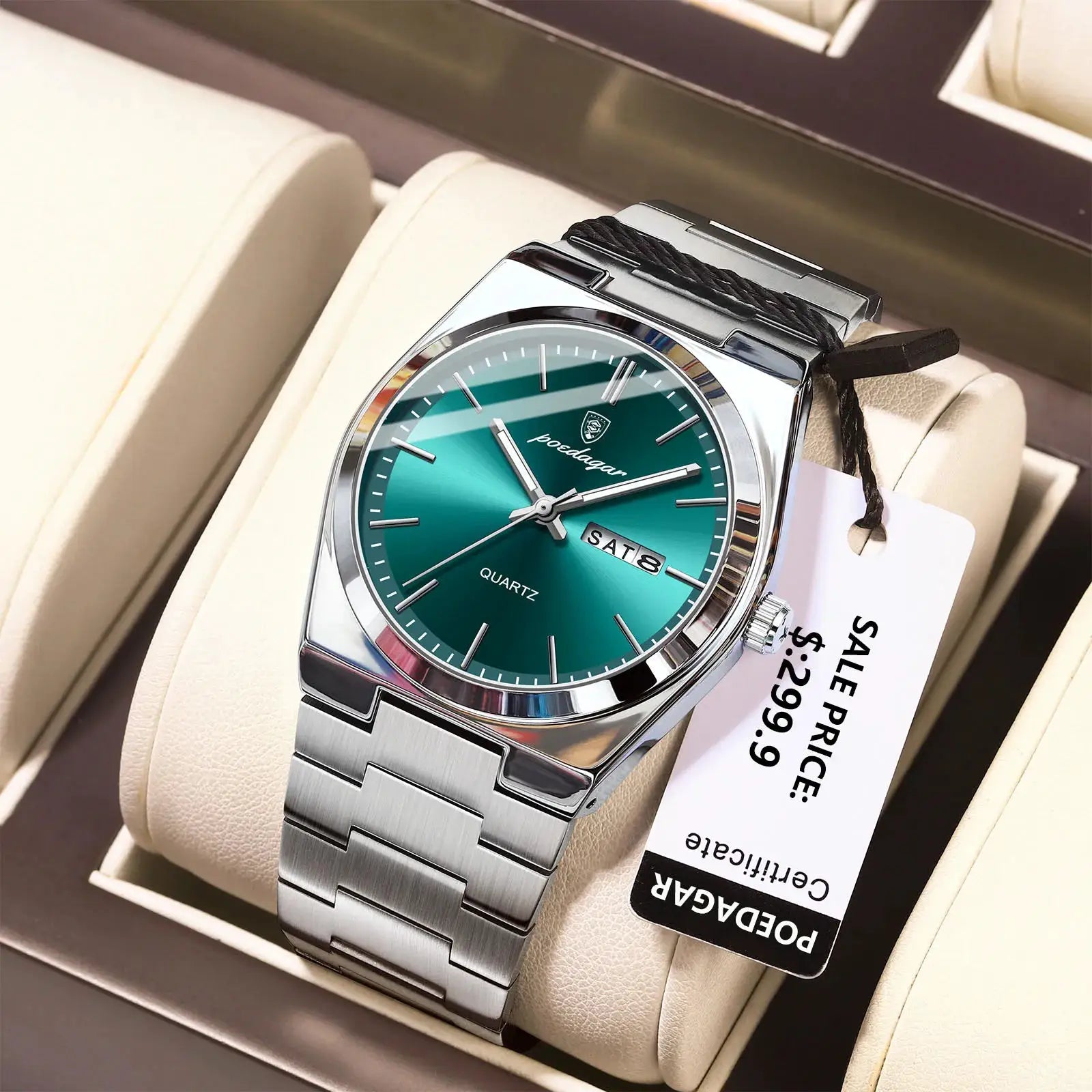 POEDAGAR men's stainless steel wristwatch with green dial, date window, and bracelet in display box