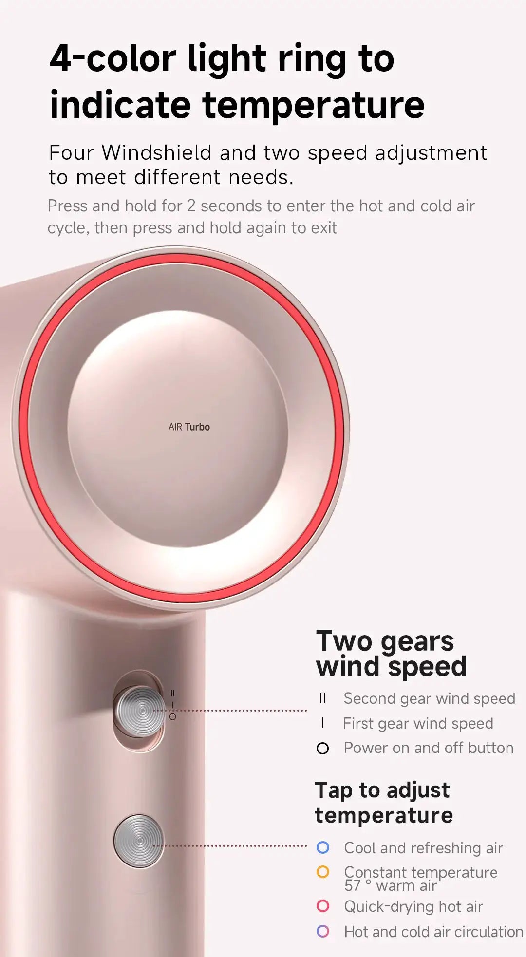 DOCO hair dryer in rose-gold finish with a red ring accent; lightweight professional design