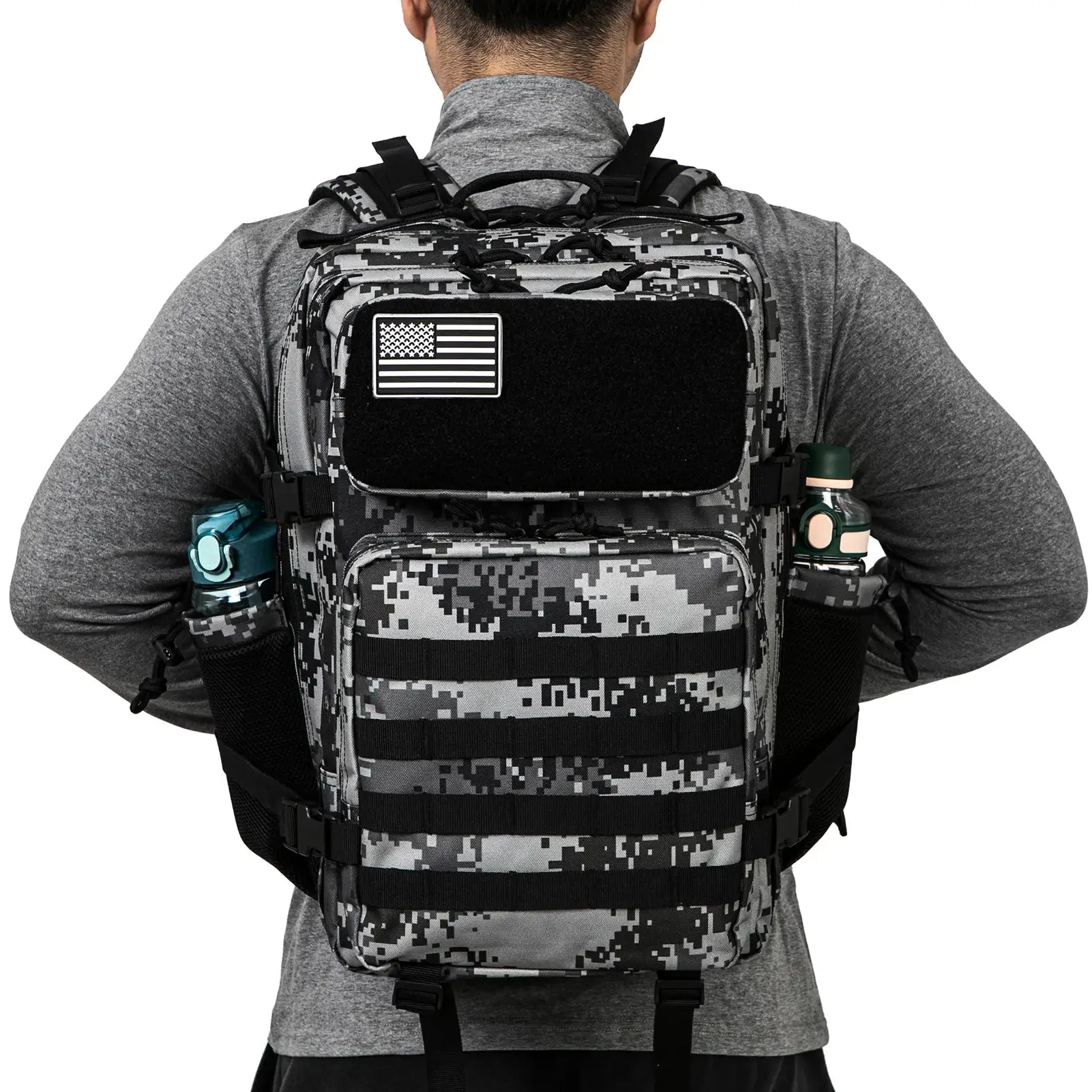 Rear view of a 45L tactical MOLLE survival backpack with water bottles, designed for outdoor activities.