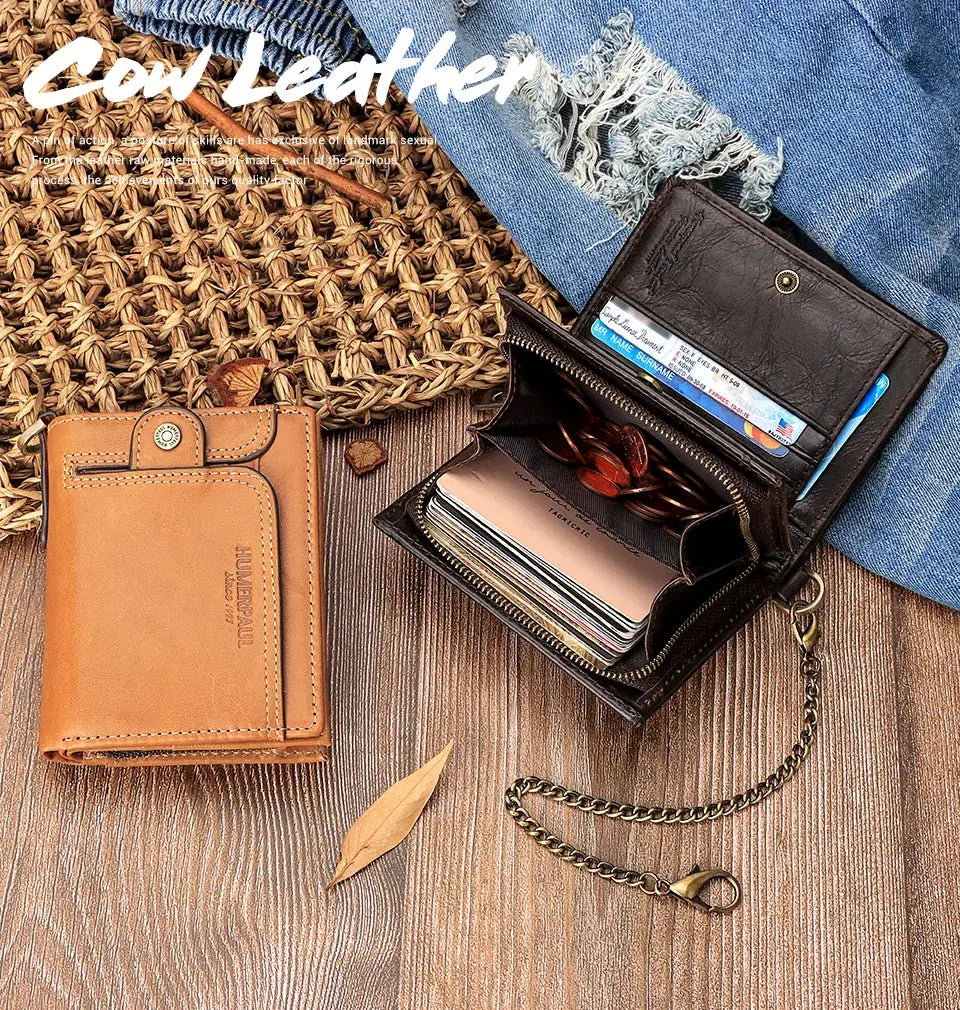 2 Simples Market cow leather wallets for men, RFID blocking short bifold with zip coin pocket and anti-theft chain
