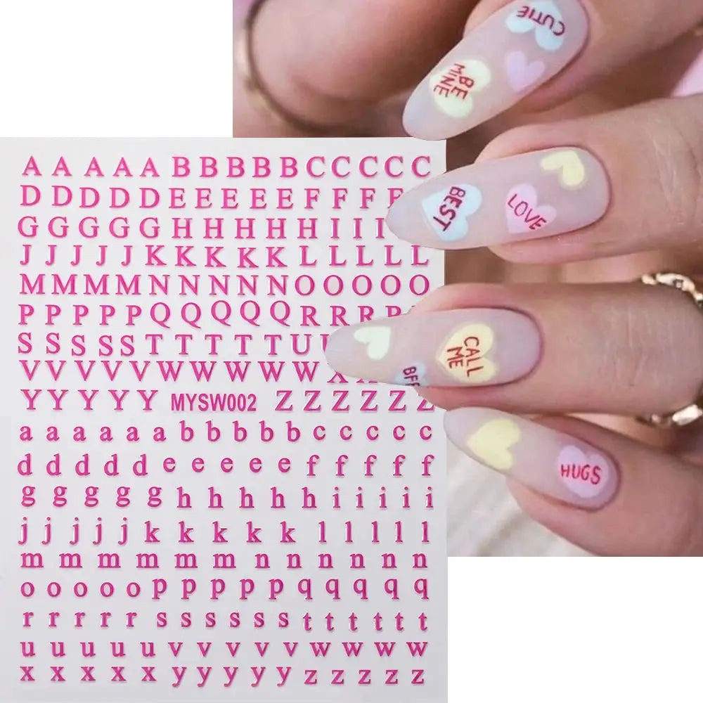 Simples Market 1Pc 3D roman letter nail stickers; pink alphabet sheet with self-adhesive decals and nails showing LOVE