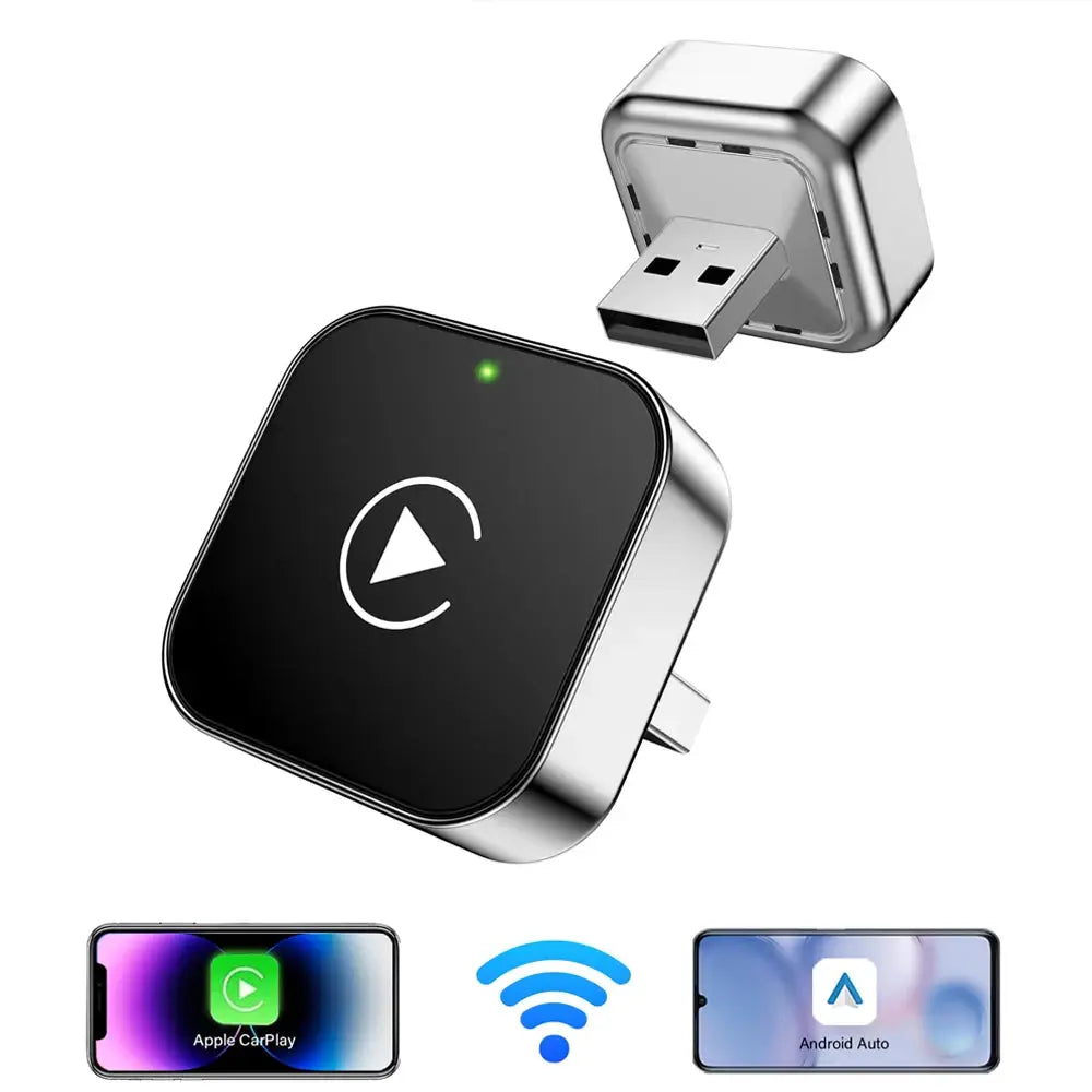 XUDA 2in1 wireless CarPlay/Android Auto adapter by Simples Market; silver chrome module with black top and green LED