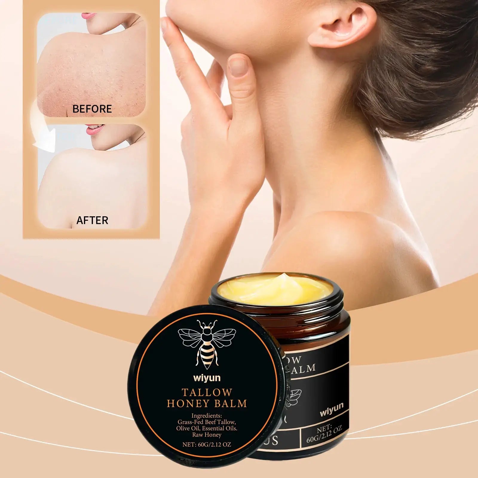 PureGlow Naturals Beef Tallow Honey Cream Glow Deep Hydration Elasticity Boost Brightening Firming For Face And Body