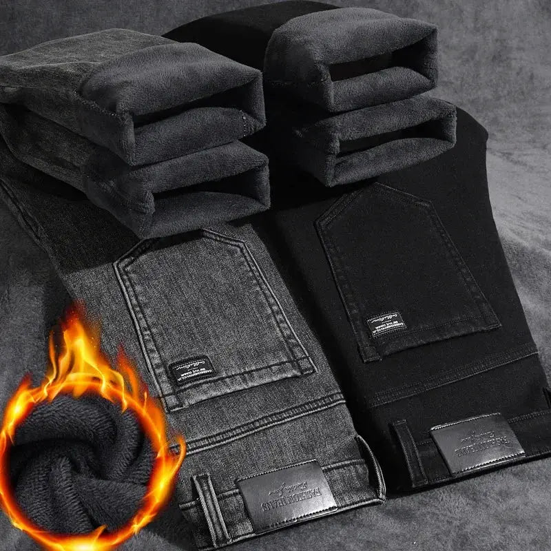 Men's winter warm jeans, slim straight denim with plush lining in gray and black (2-pack)