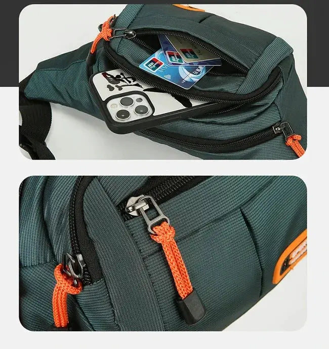 Oxford Waterproof Mobile Waist Bag by Simples Market in green with orange zipper pulls; large-capacity fanny pack for phone and cards.