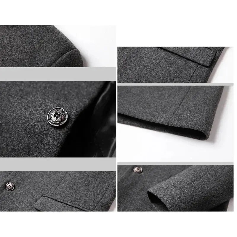 BROWON men's trench coat in solid dark gray wool with metal buttons and pocket flaps