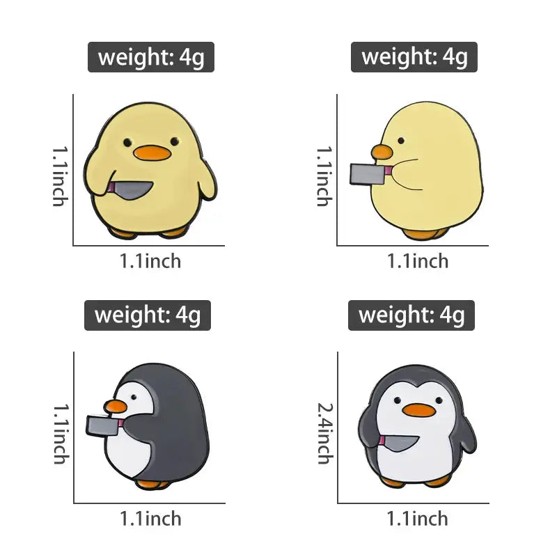 Cartoon penguin enamel pin set by Simples Market; four 4g brooches in yellow, gray, black and white.